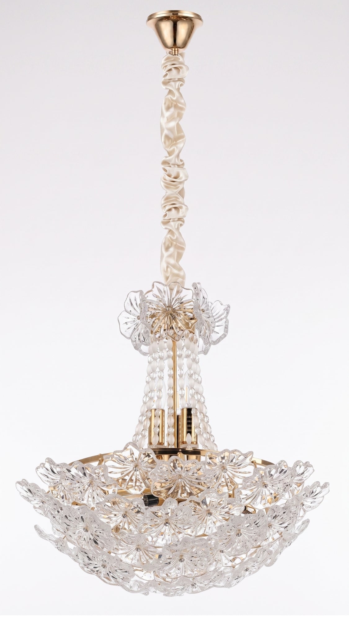 Lustre Imperial Flores de Vidro Estrutura Dourada