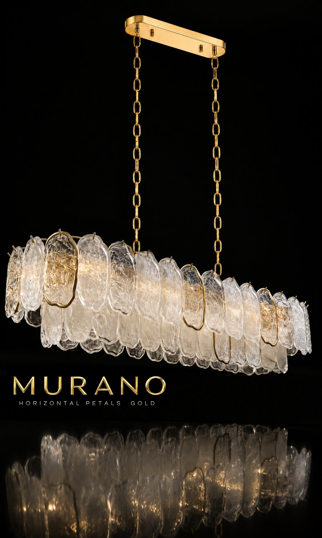 Lustre Murano Horizontal Petals Gold 100cm Cristal K9 Dourado Luxo Sala Jantar