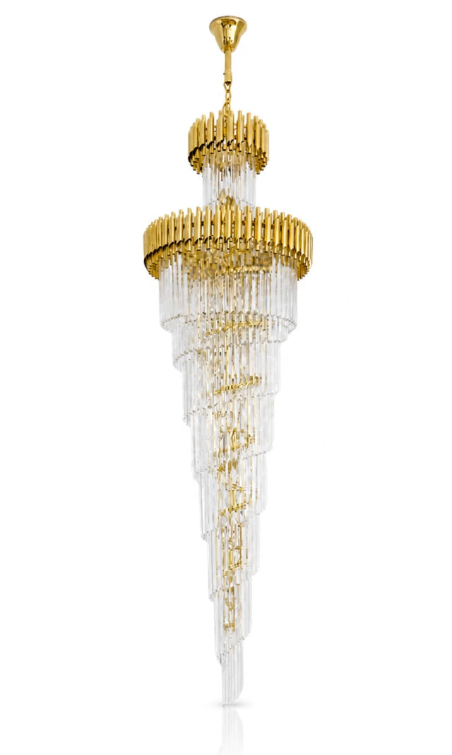 Lustre Cristal ZÉNITH CASCADE CHADELIER 180cm Pé Direito Duplo Sala Escada Hall