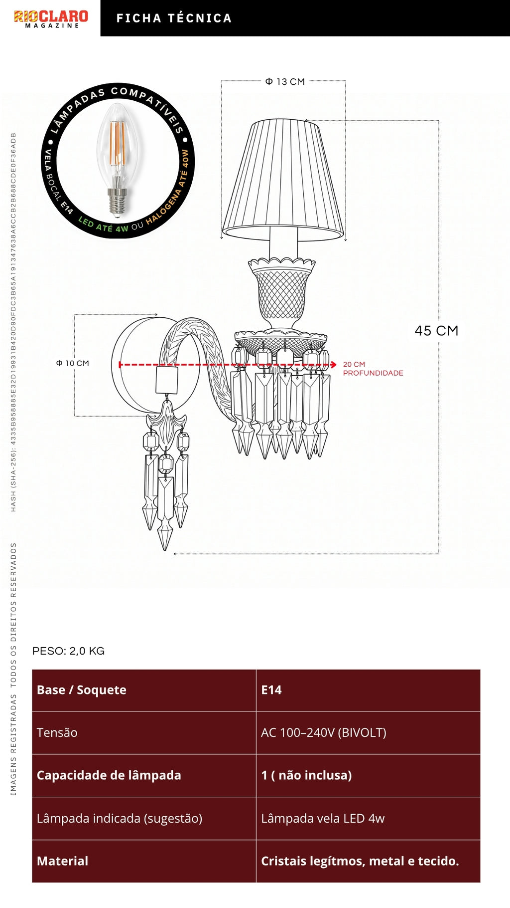 Arandela Tocha De Cristal Legítmo Estilo Baccarat Rouge N2 Bivolt
