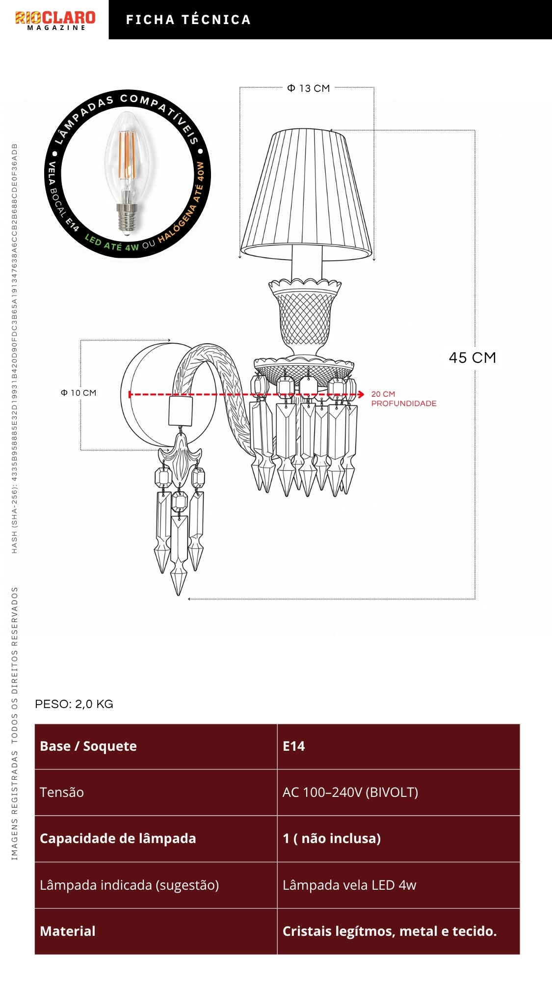 Arandela Tocha De Cristal Legítmo Estilo Baccarat Rouge N2 Bivolt
