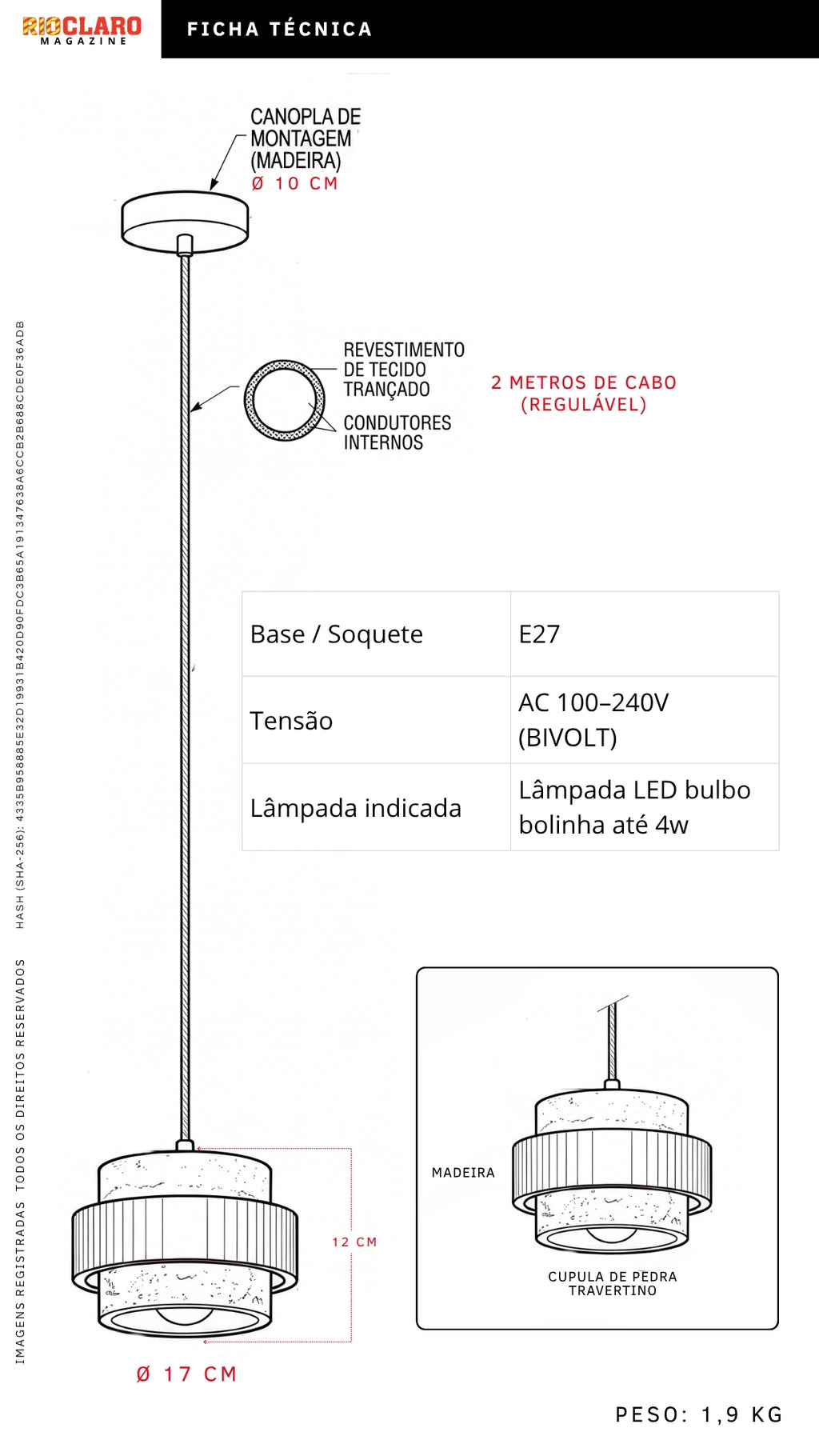 Pendente Pedra Travertino E Madeira Tívoli N2 E27 Bivolt