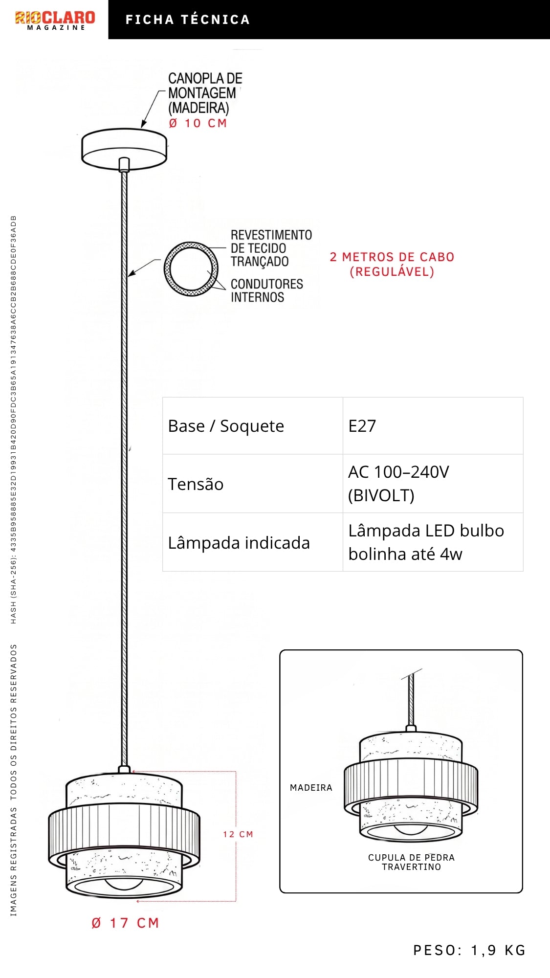 Pendente Pedra Travertino E Madeira Tívoli N2 E27 Bivolt