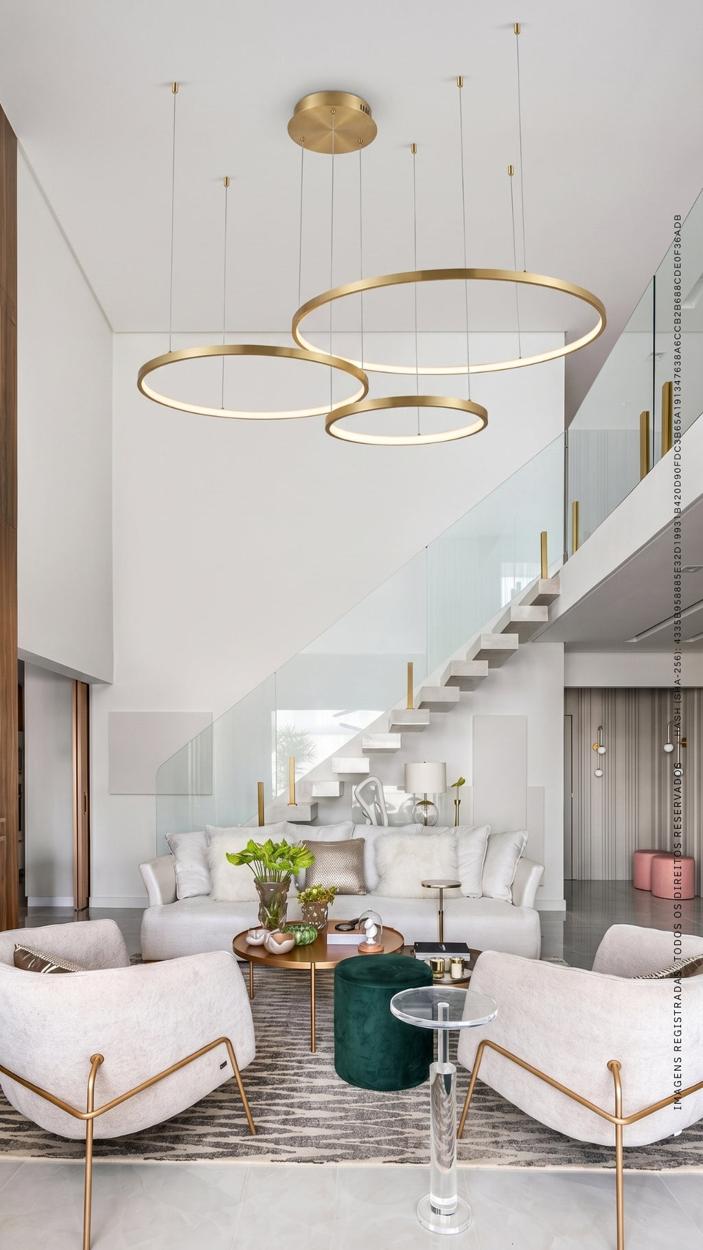 Lustre Pendente LED 3 Anéis Dourado Pé Direito Duplo 112w