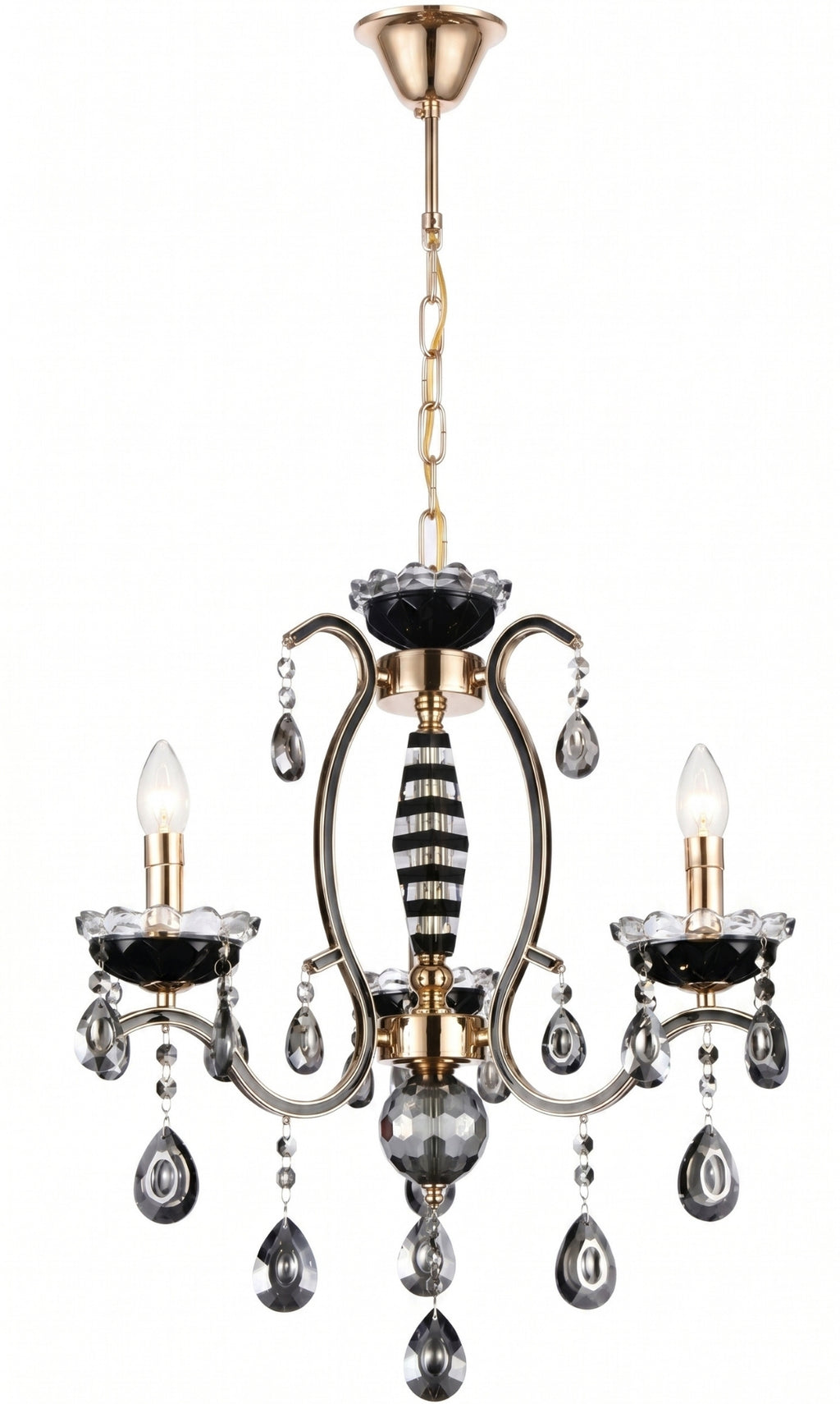 Lustre Candelabro de Cristal Legítimo Tudor 3 Braços Preto e Dourado