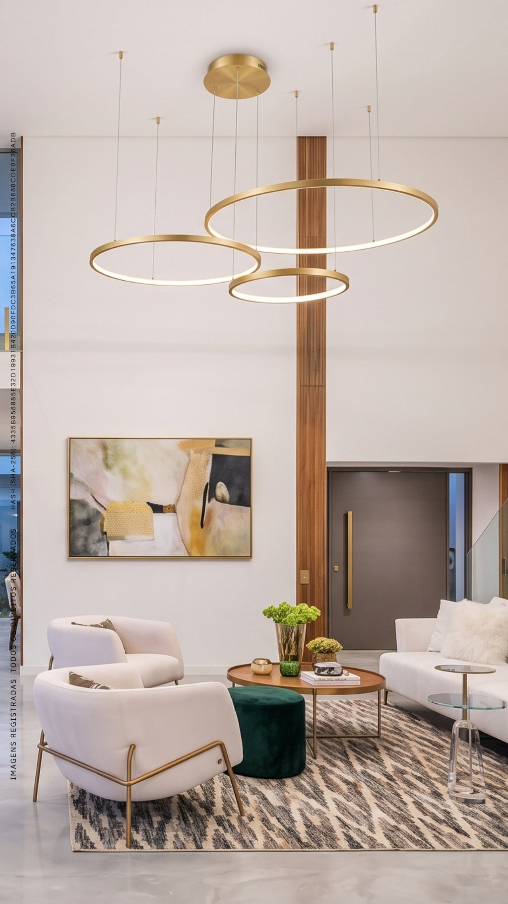 Lustre Pendente LED 3 Anéis Dourado Pé Direito Duplo 112w