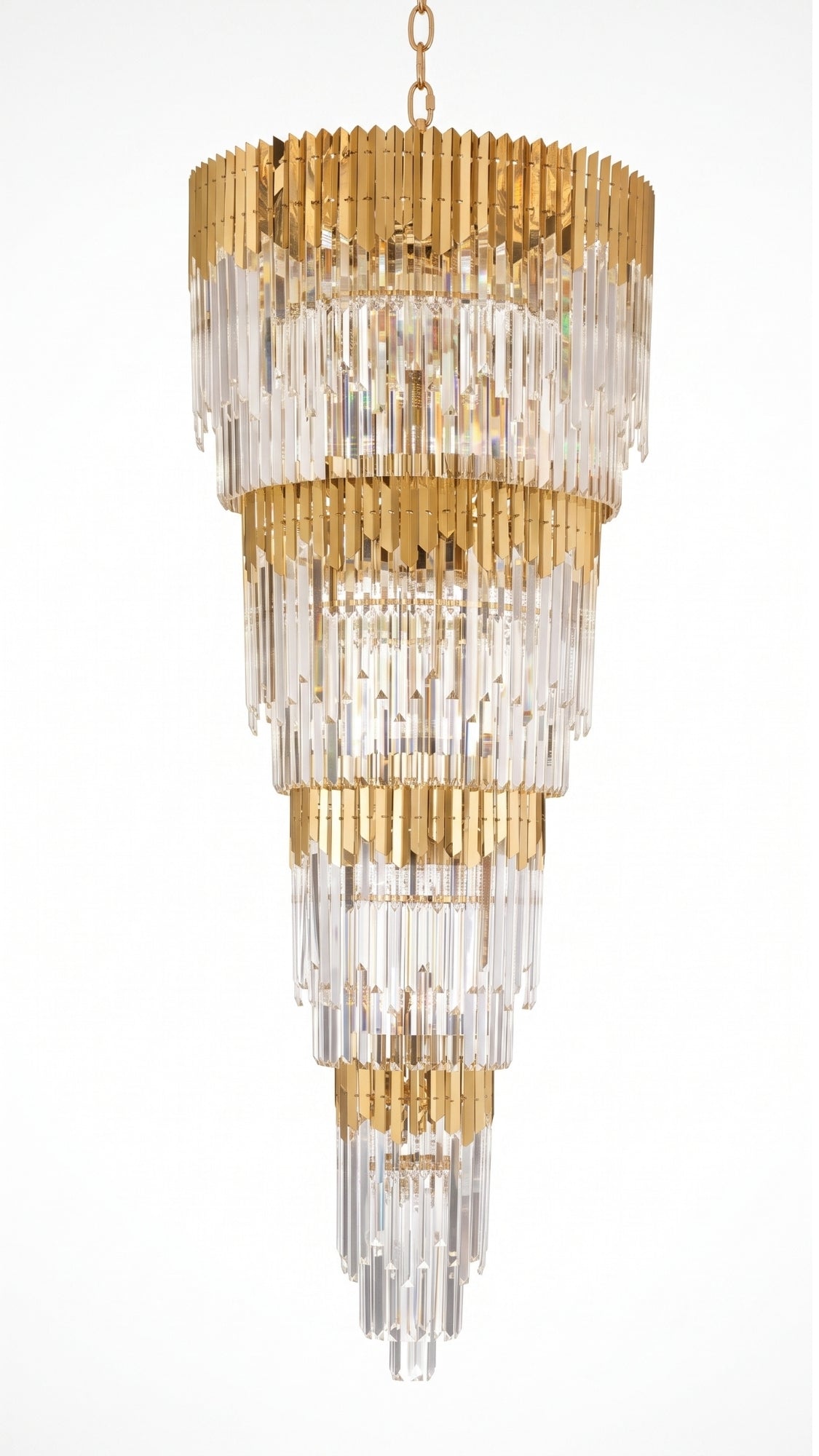 Lustre De Cristal Grande Pé Direito Duplo Dourado 2 metros