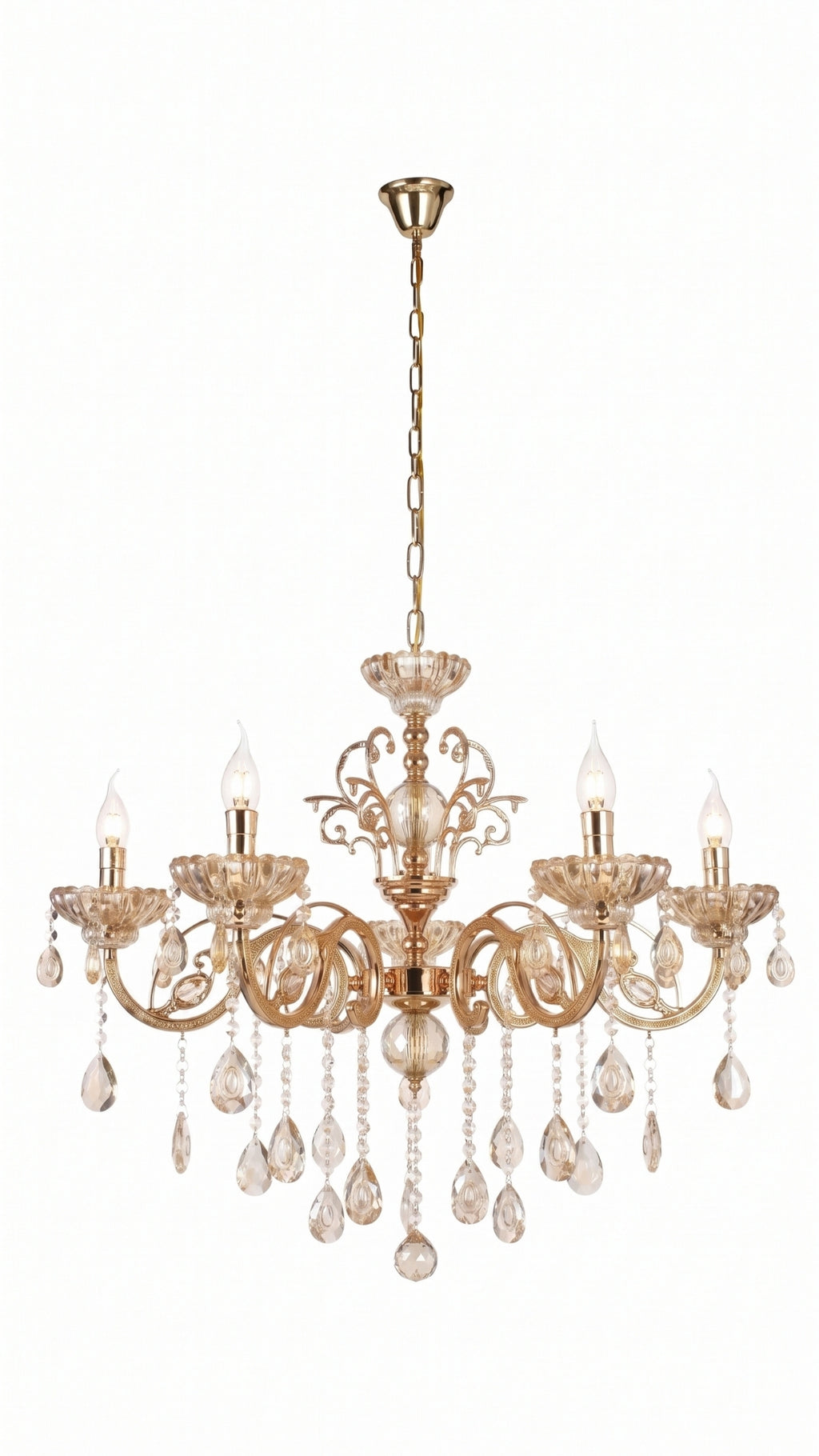 Lustre Pendente Cristal Champagne 5 Braços Dourado Bivolt