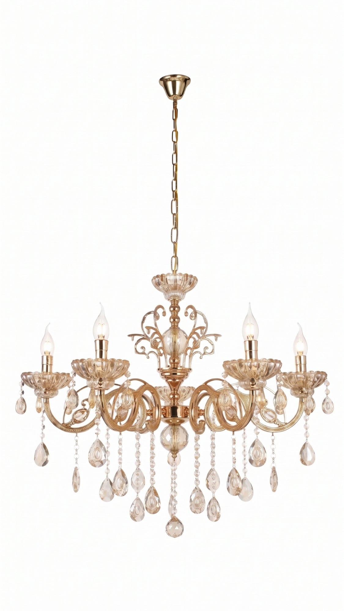 Lustre Pendente Cristal Champagne 5 Braços Dourado Bivolt
