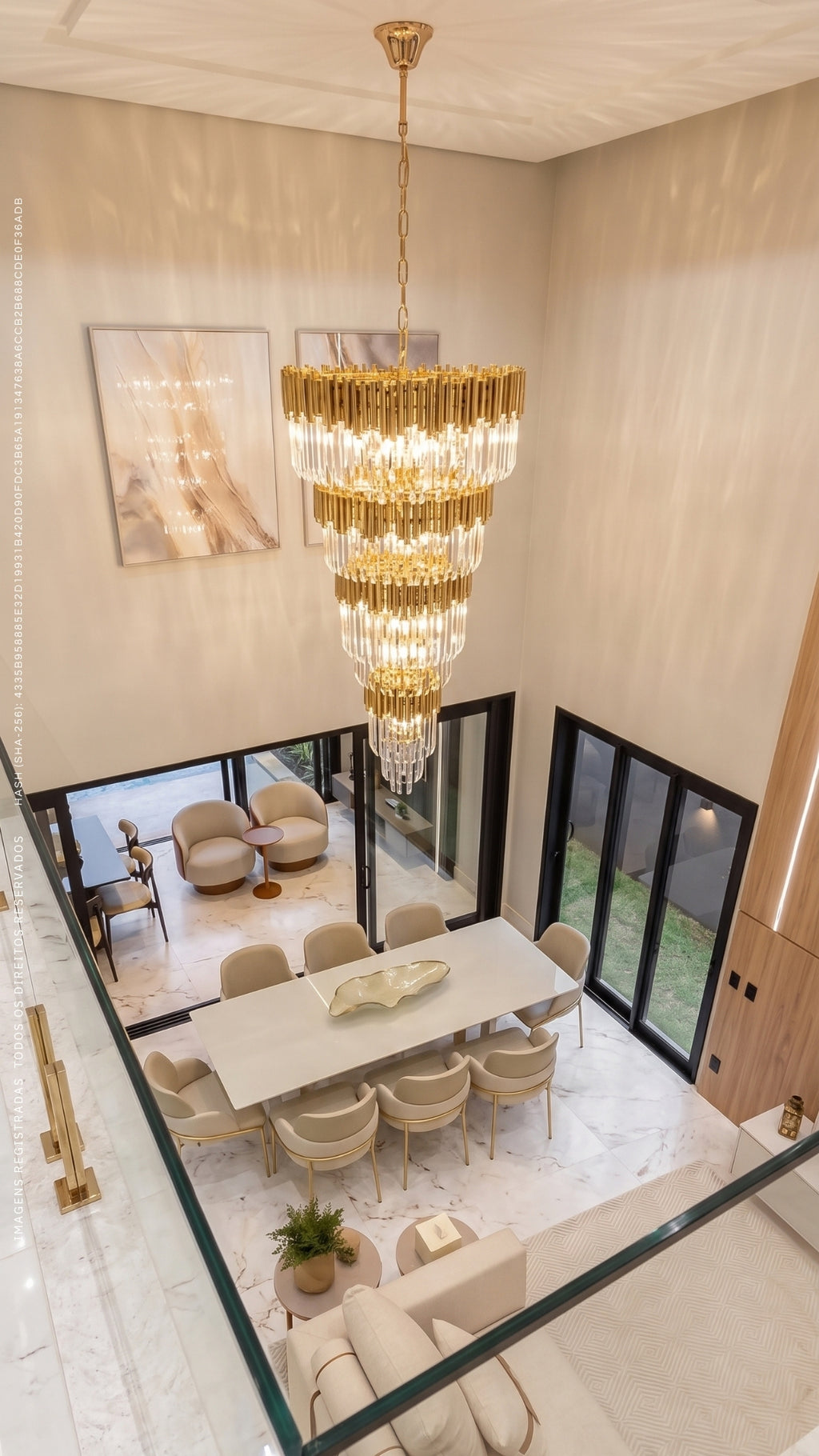 Lustre De Cristal Grande Pé Direito Duplo Dourado 2 metros