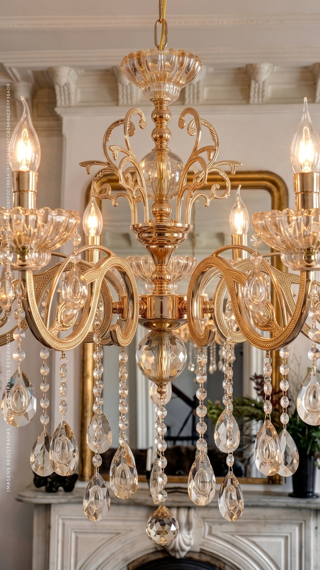 Lustre Pendente Cristal Champagne 5 Braços Dourado Bivolt