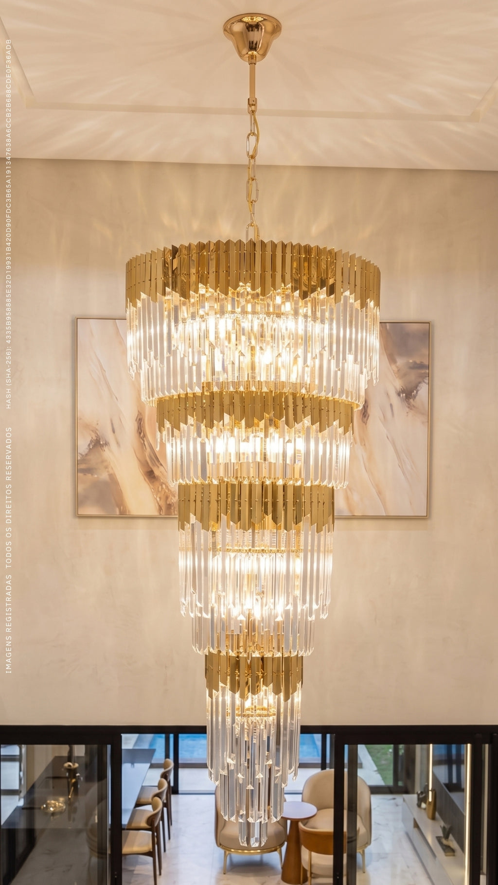 Lustre De Cristal Grande Pé Direito Duplo Dourado 2 metros