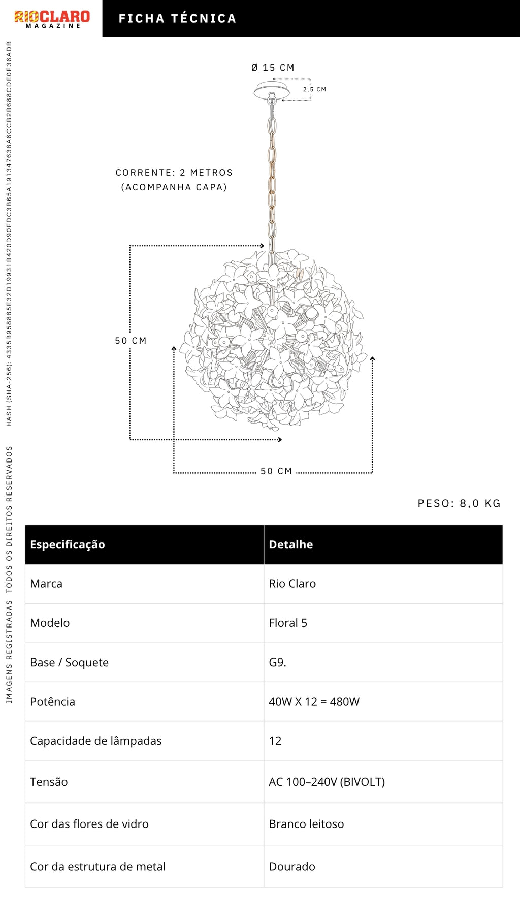 Lustre Sala Jantar Pendente Floral Dourado Vidro 50cm Bivolt