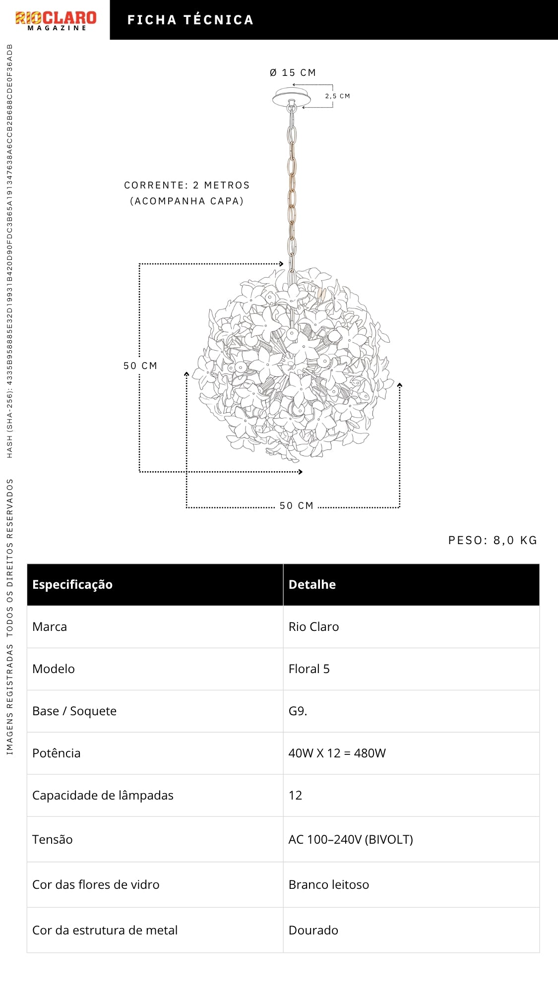 Lustre Sala Jantar Pendente Floral Dourado Vidro 50cm Bivolt