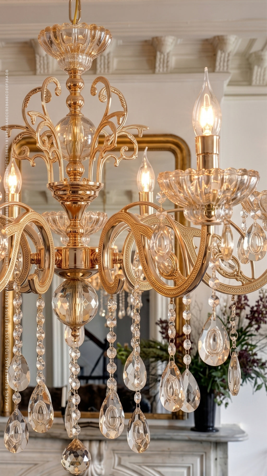 Lustre Pendente Cristal Champagne 5 Braços Dourado Bivolt