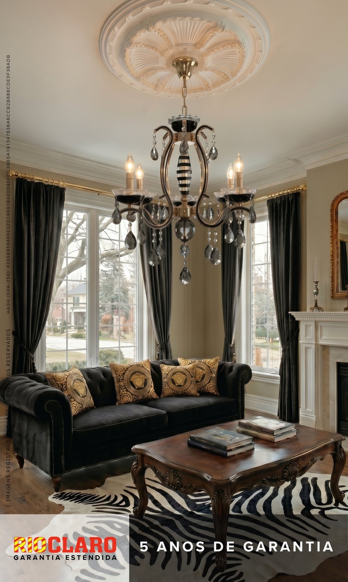 Lustre Candelabro de Cristal Legítimo Tudor 5 Braços Preto e Dourado