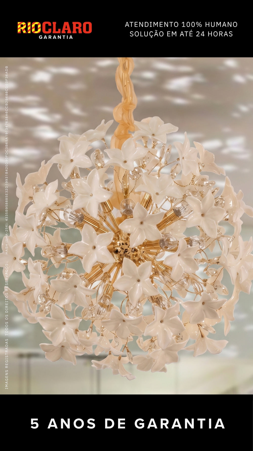 Lustre Sala Jantar Pendente Floral Dourado Vidro 50cm Bivolt