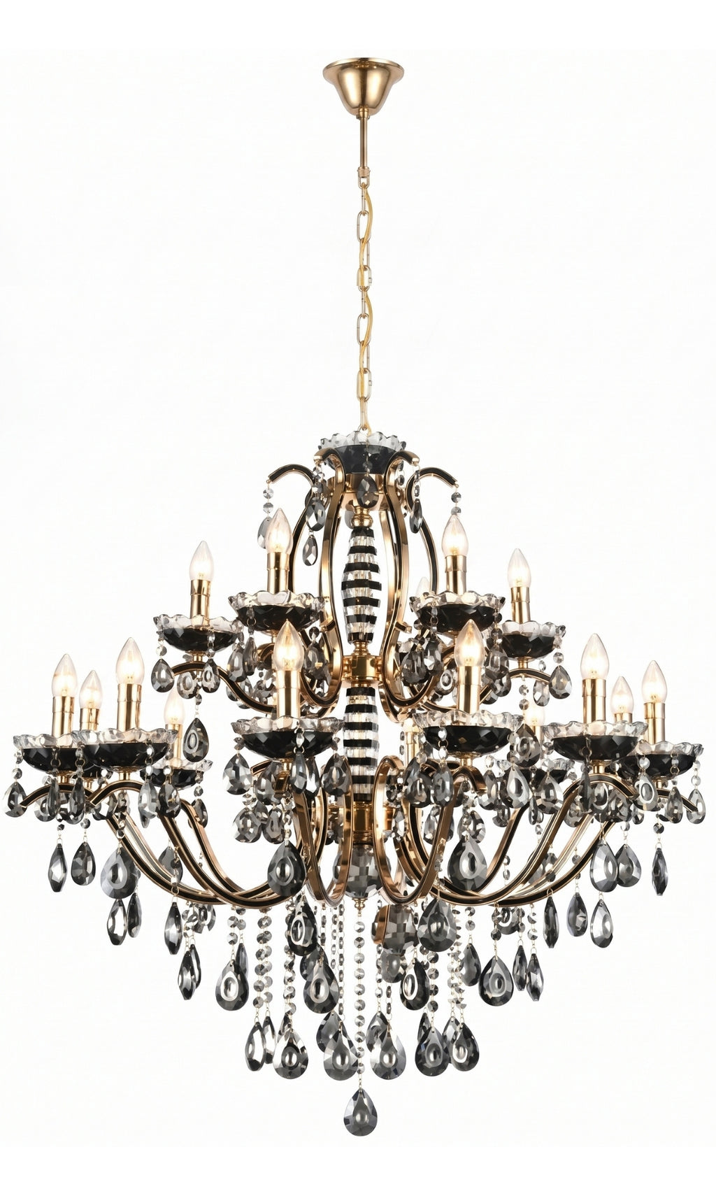 Lustre Candelabro de Cristal Legítimo Tudor 24 Braços Preto e Dourado