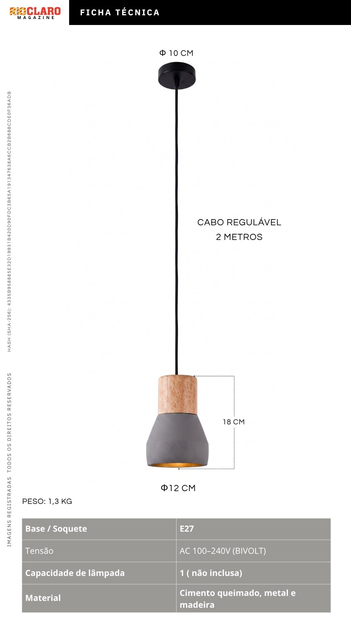Luminaria Pendente Design Industrial Concreto Madeira E27 Bivolt