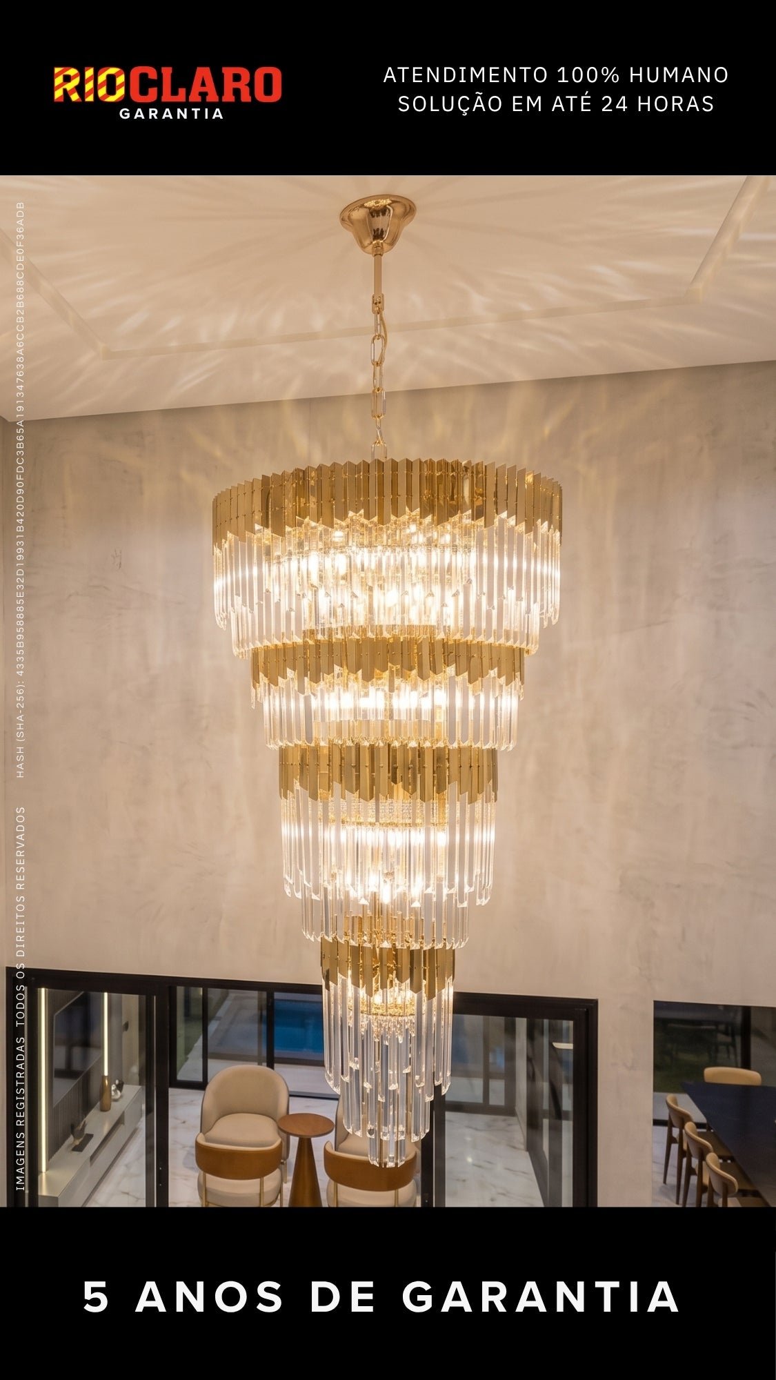 Lustre De Cristal Grande Pé Direito Duplo Dourado 2 metros