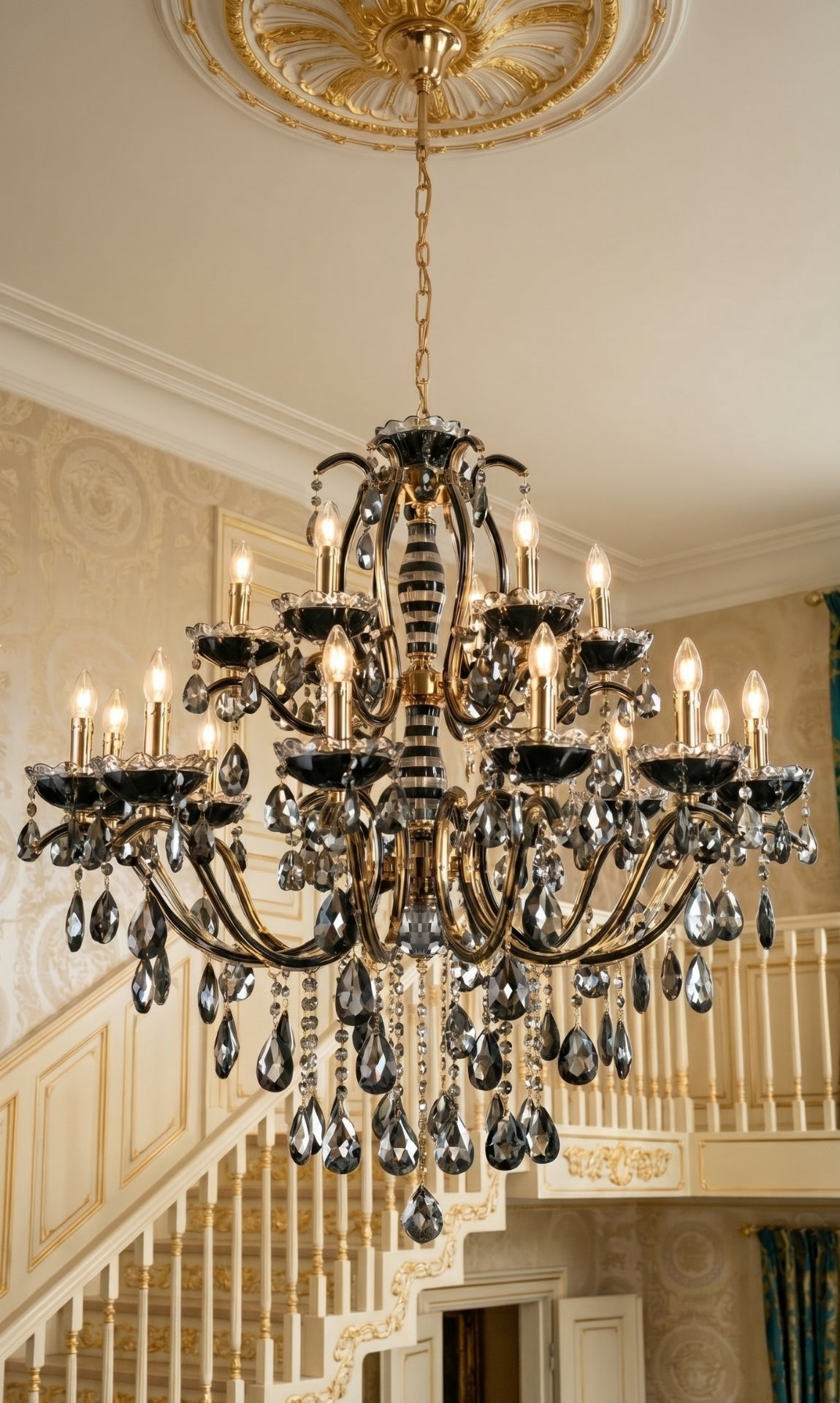 Lustre Candelabro de Cristal Legítimo Tudor 24 Braços Preto e Dourado