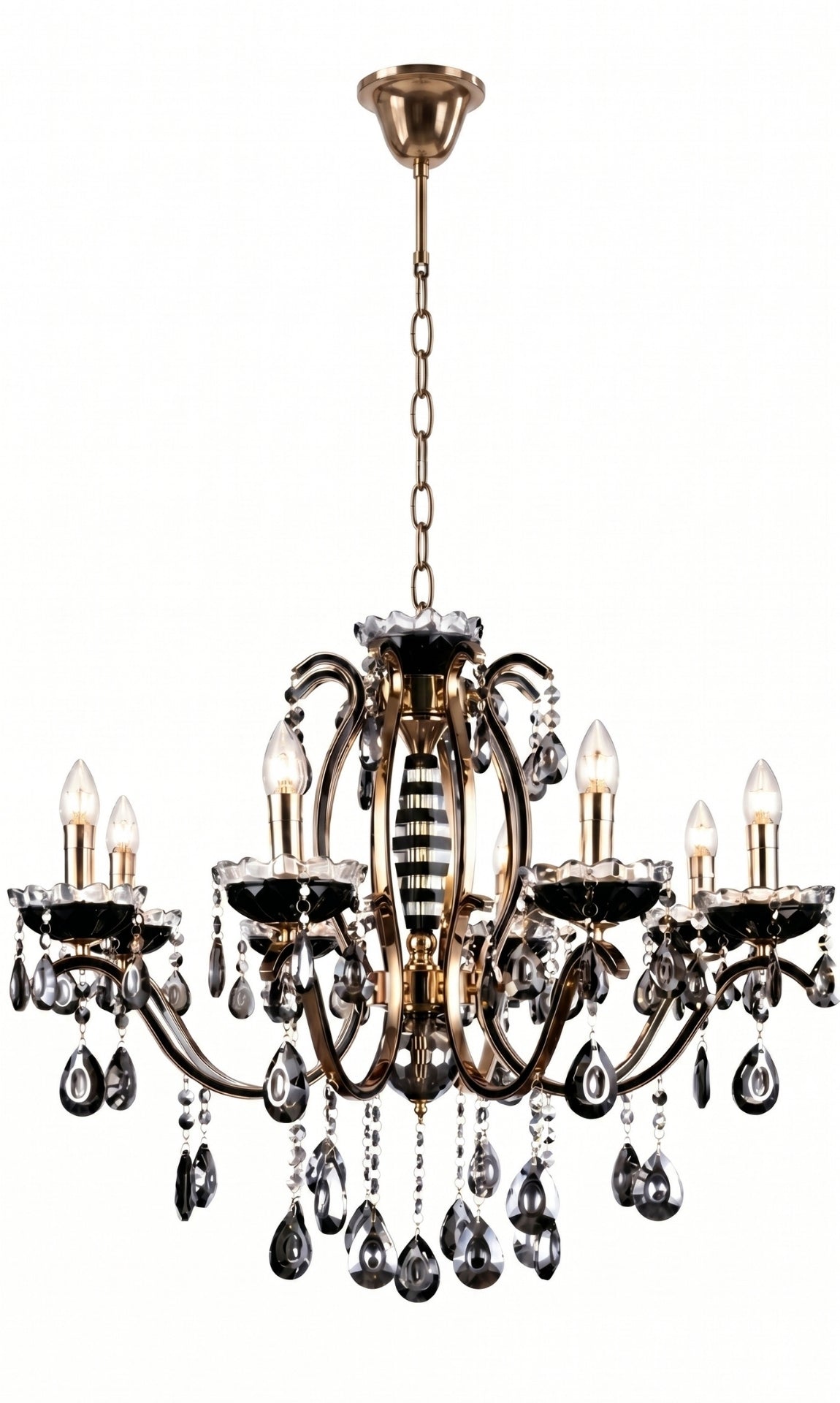 Lustre Candelabro de Cristal Legítimo Tudor 8 Braços Preto e Dourado