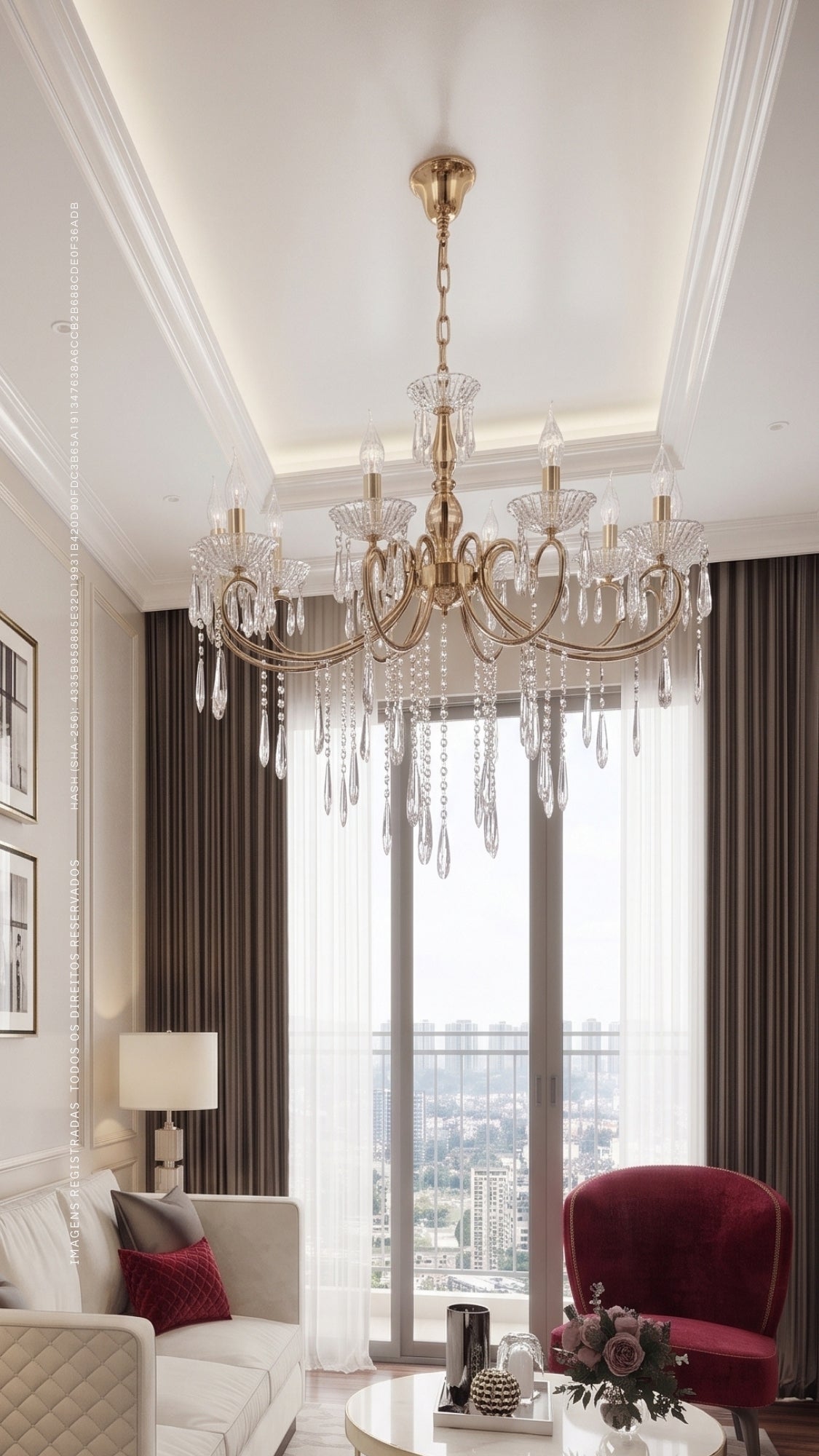 Lustre Clássico de Cristal Legítimo 8 Braços Dourado Ouro 18K