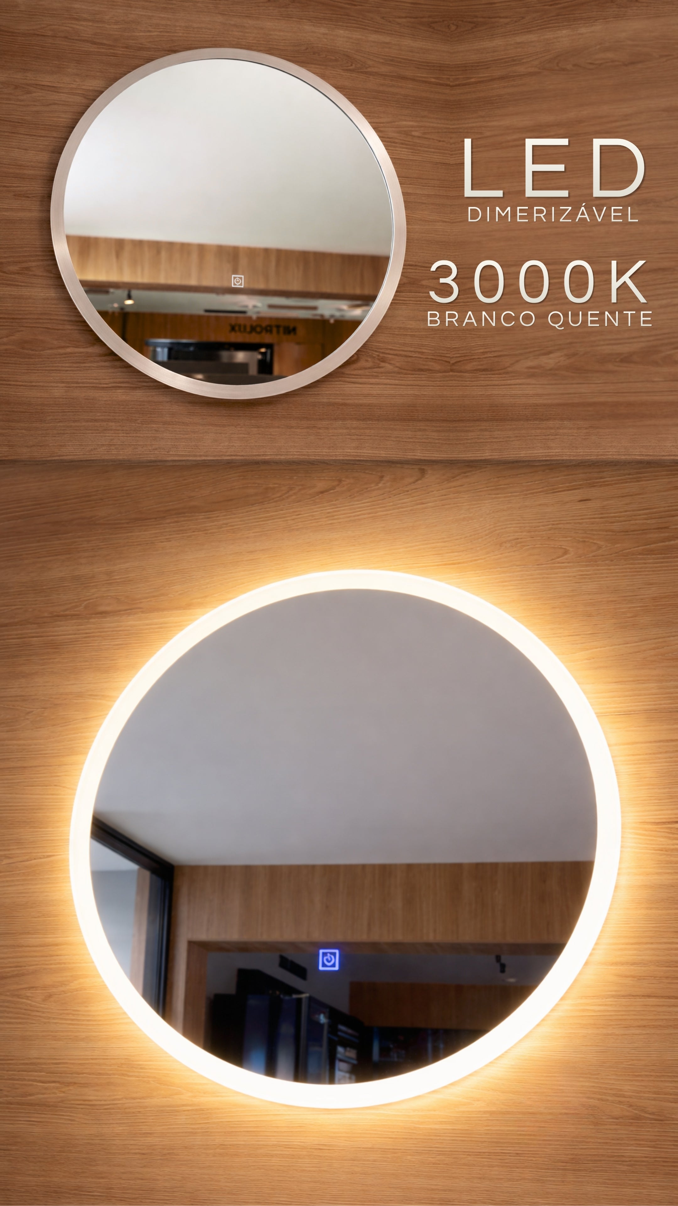 Espelho Redondo 60 cm Dimerizável Moldura Led 3000k