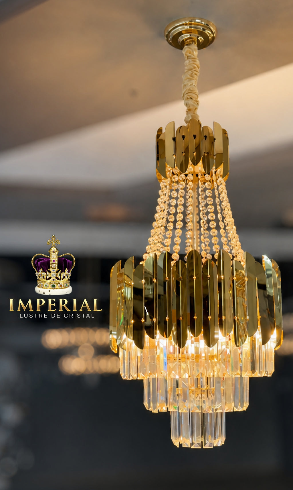Lustre Pendente Imperial de Cristal Legítimo K9 - Dourado Bivolt