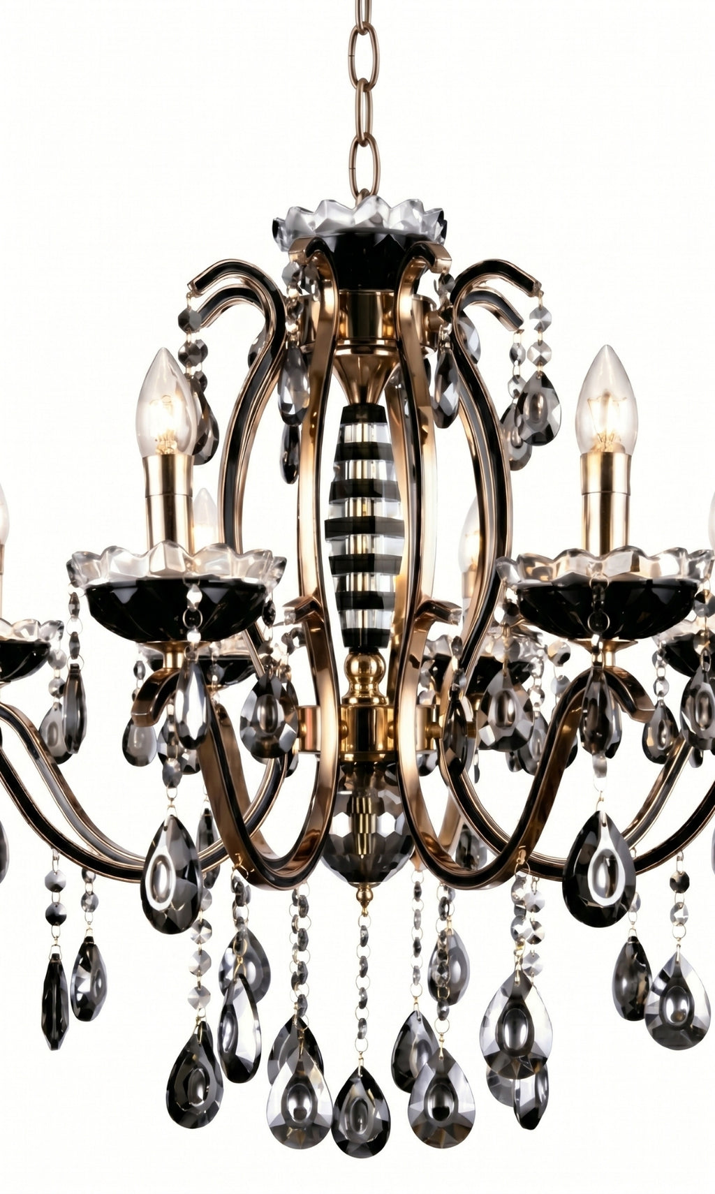 Lustre Candelabro de Cristal Legítimo Tudor 8 Braços Preto e Dourado