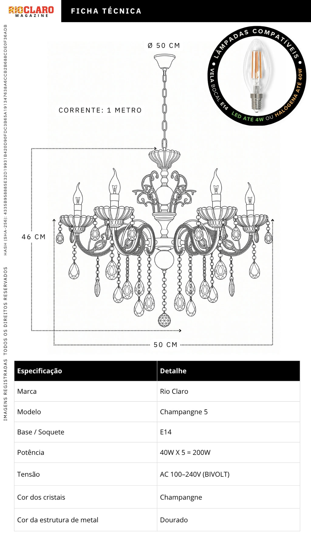Lustre Pendente Cristal Champagne 5 Braços Dourado Bivolt