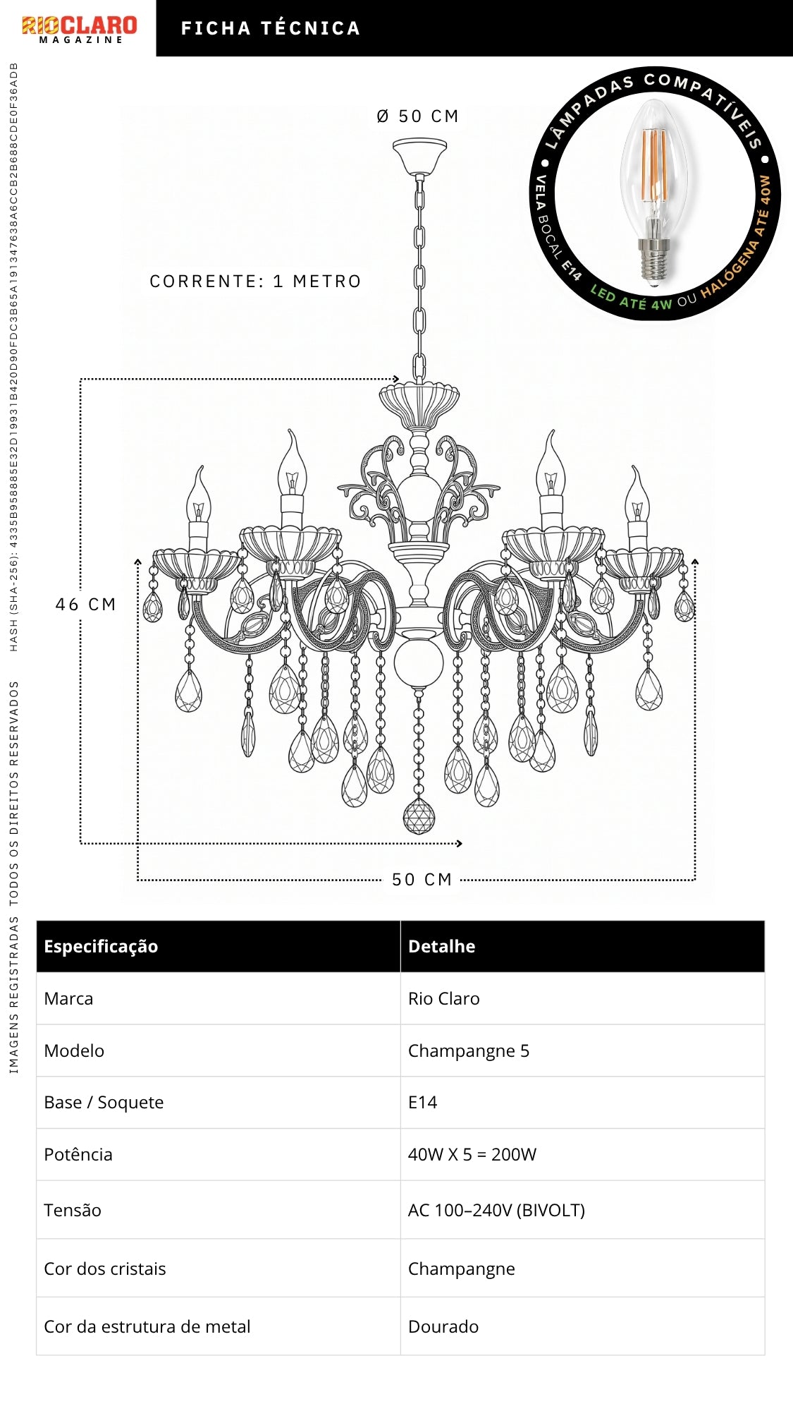 Lustre Pendente Cristal Champagne 5 Braços Dourado Bivolt