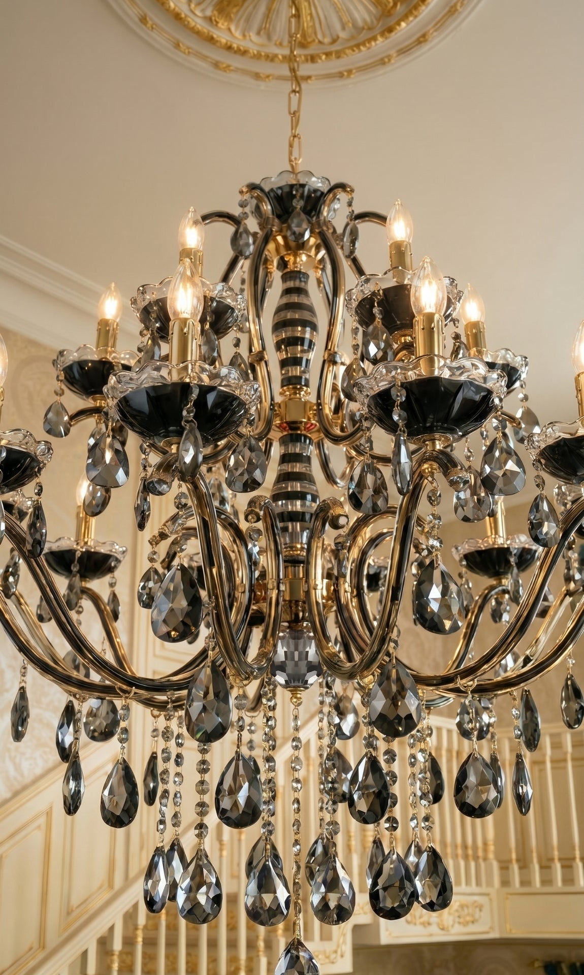 Lustre Candelabro de Cristal Legítimo Tudor 24 Braços Preto e Dourado