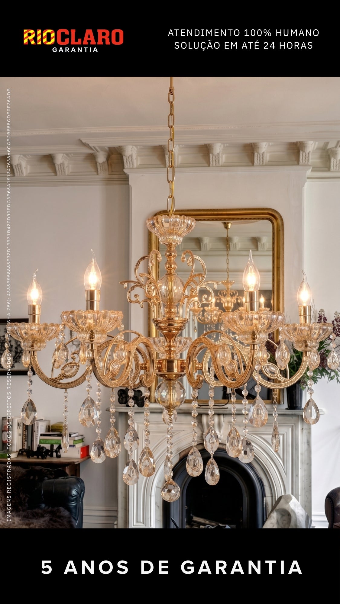Lustre Pendente Cristal Champagne 5 Braços Dourado Bivolt