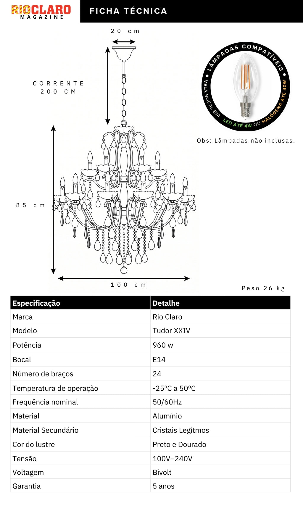 Lustre Candelabro de Cristal Legítimo Tudor 24 Braços Preto e Dourado