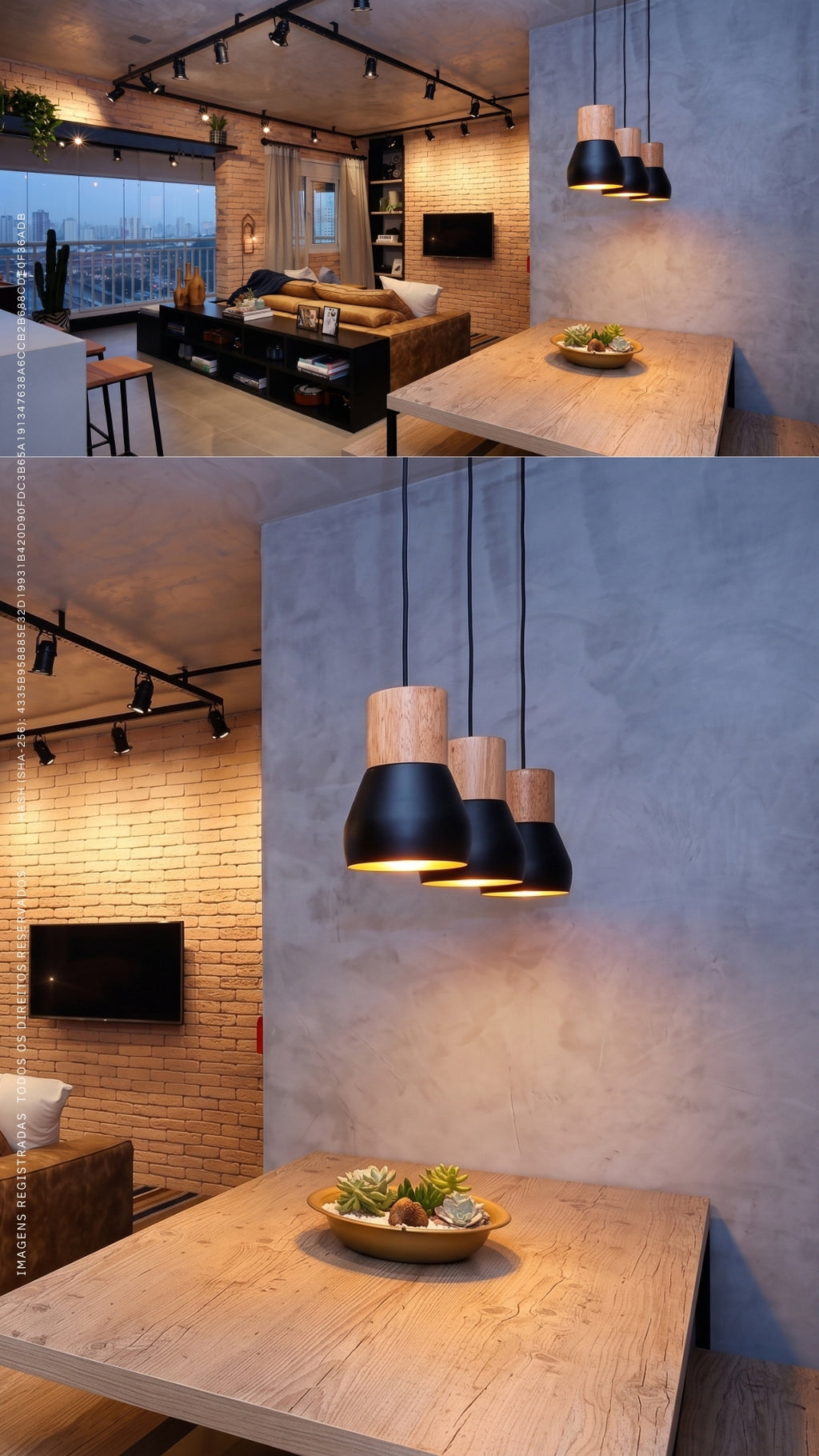 Luminária Pendente Design Industrial Madeira Cimento Preto E27 Bivolt