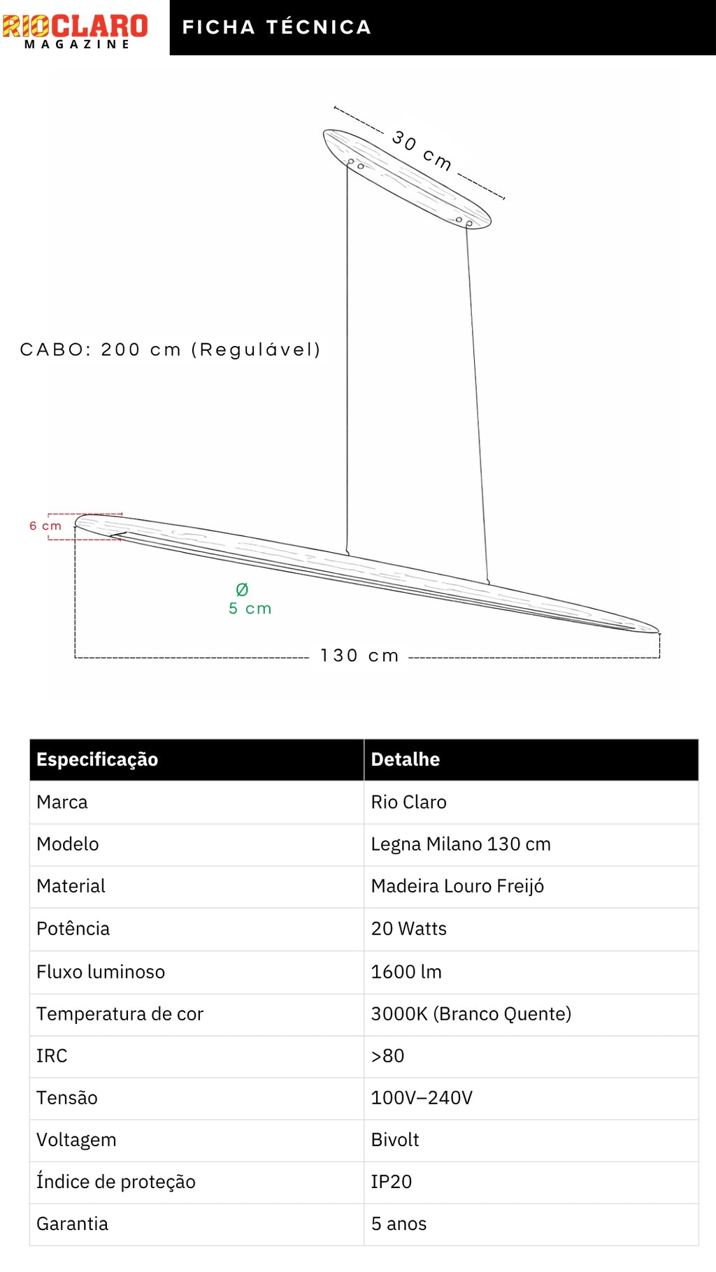 Lustre Pendente Linear Madeira Led 3000k Louro Freijó 20W