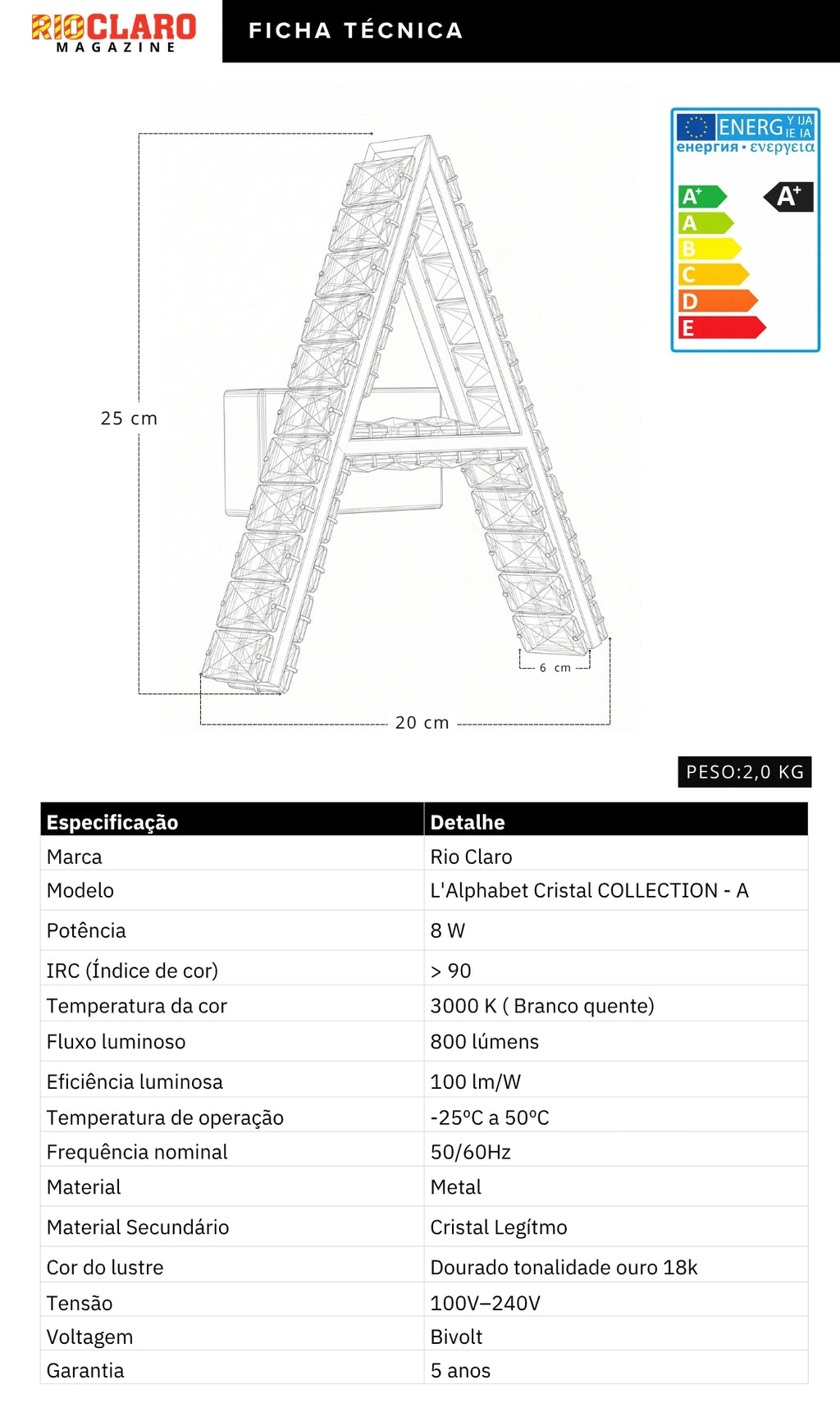 Arandela Parede Cristal Dourada Led Letras Alfabeto A - Z