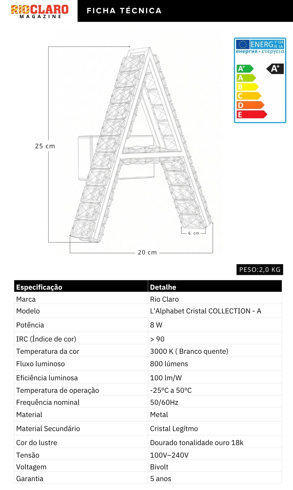 Arandela Parede Cristal Dourada Led Letras Alfabeto A - Z