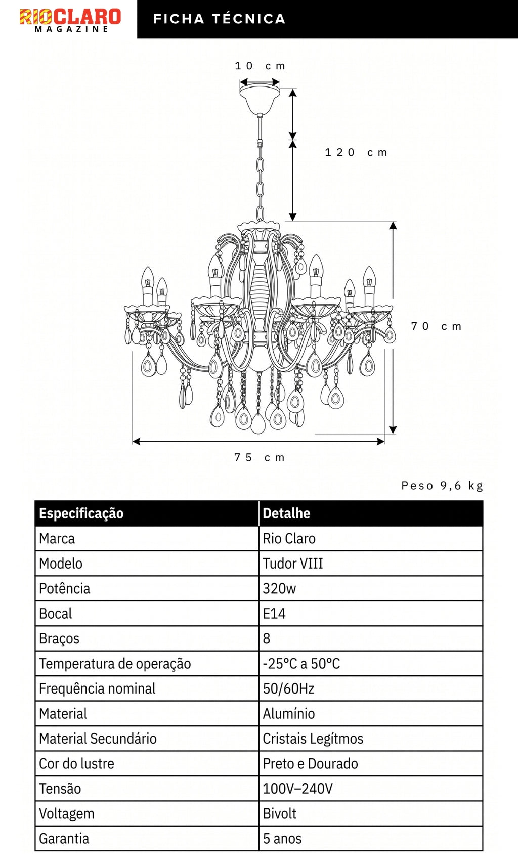 Lustre Candelabro de Cristal Legítimo Tudor 8 Braços Preto e Dourado