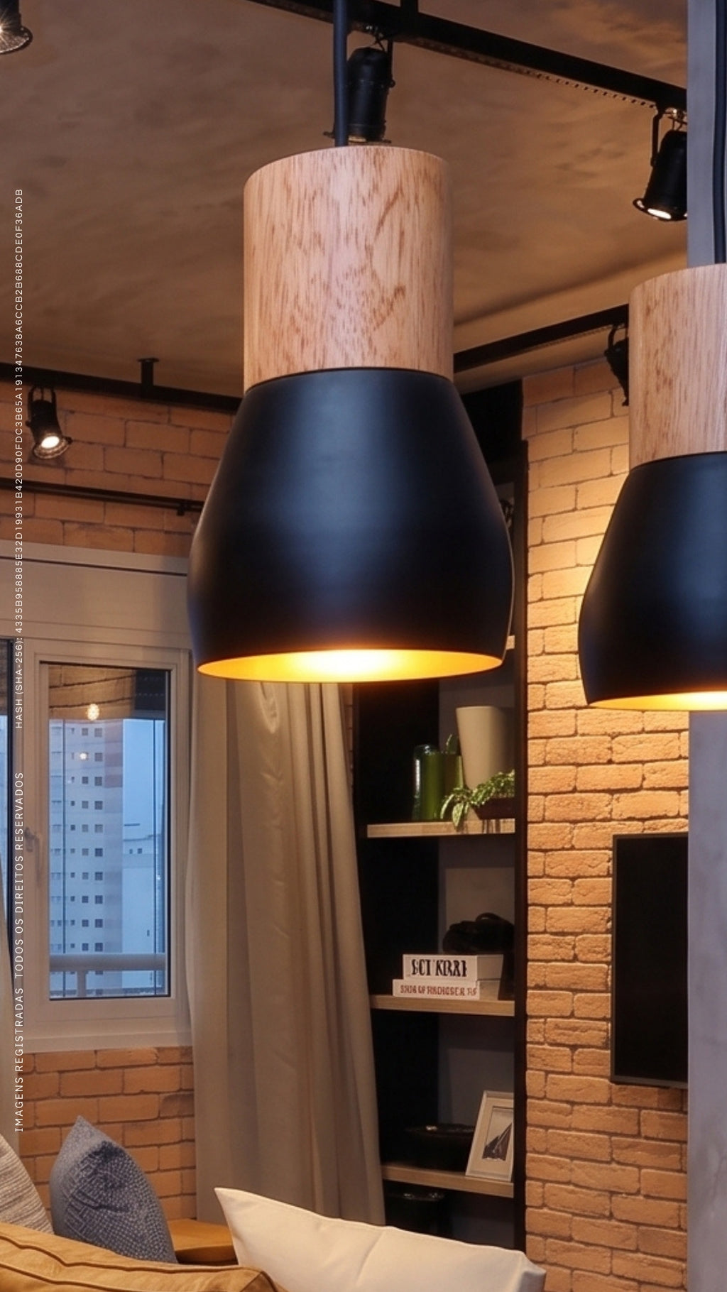 Luminária Pendente Design Industrial Madeira Cimento Preto E27 Bivolt