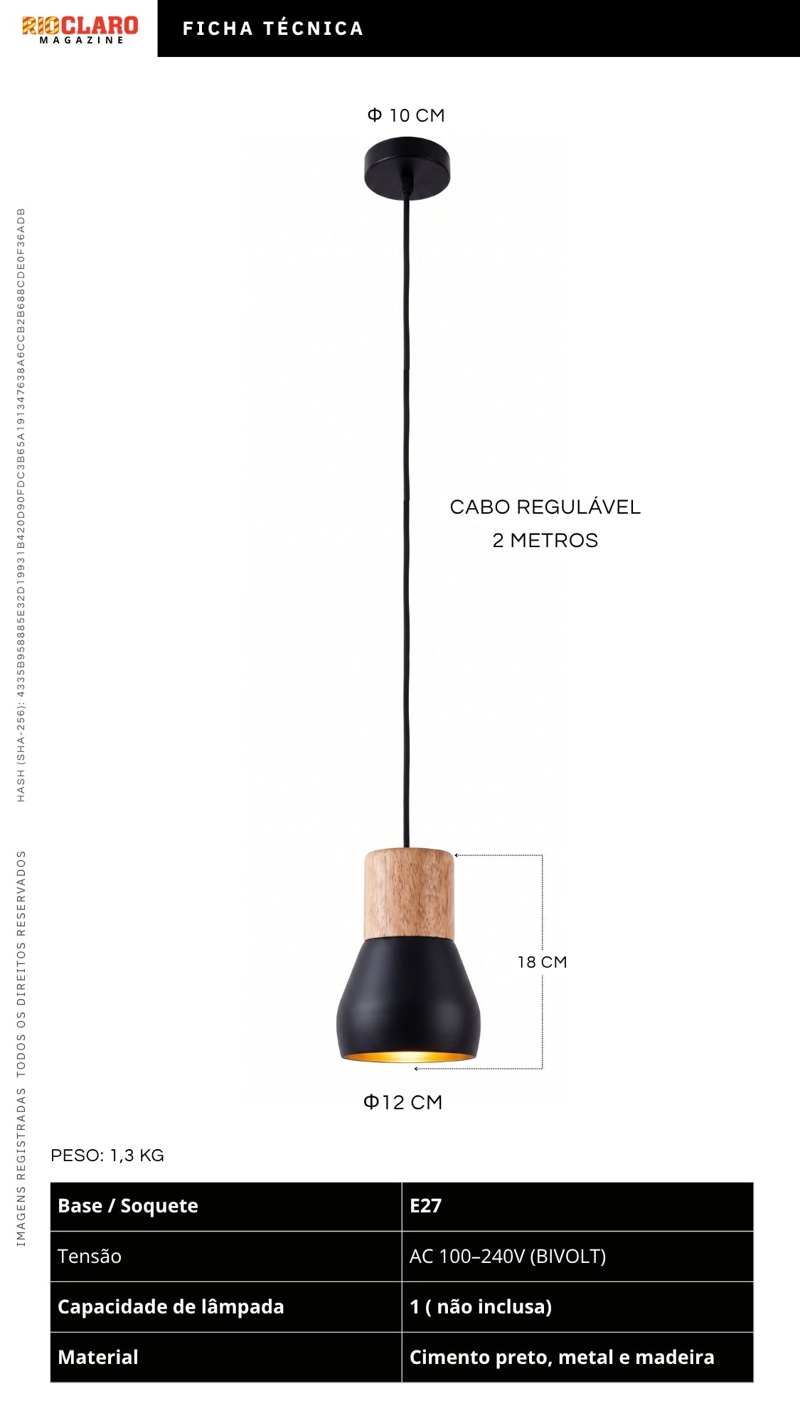 Luminária Pendente Design Industrial Madeira Cimento Preto E27 Bivolt