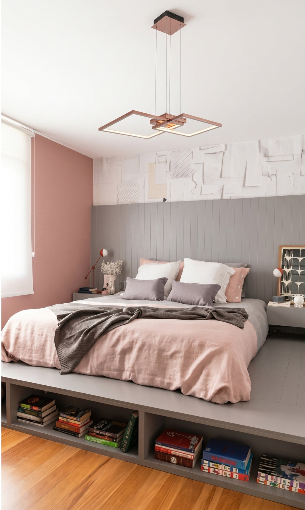 Pendente LED Quadrado Moderno Rose Gold Sala Quarto Bivolt