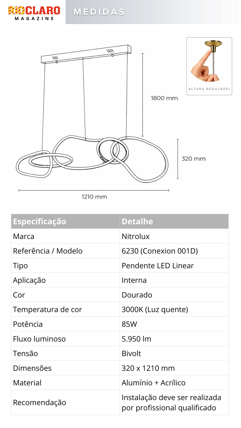 Lustre LED Moderno Dourado 85W Pendente Design Conexion