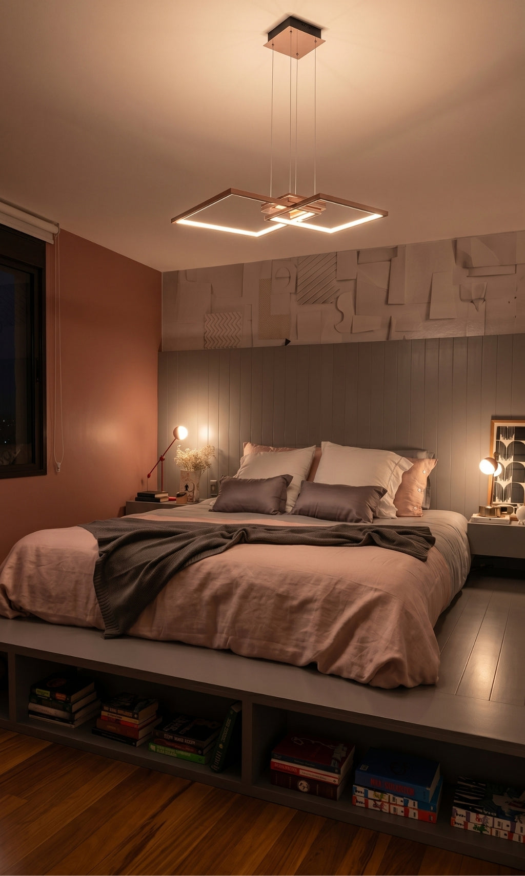 Pendente LED Quadrado Moderno Rose Gold Sala Quarto Bivolt