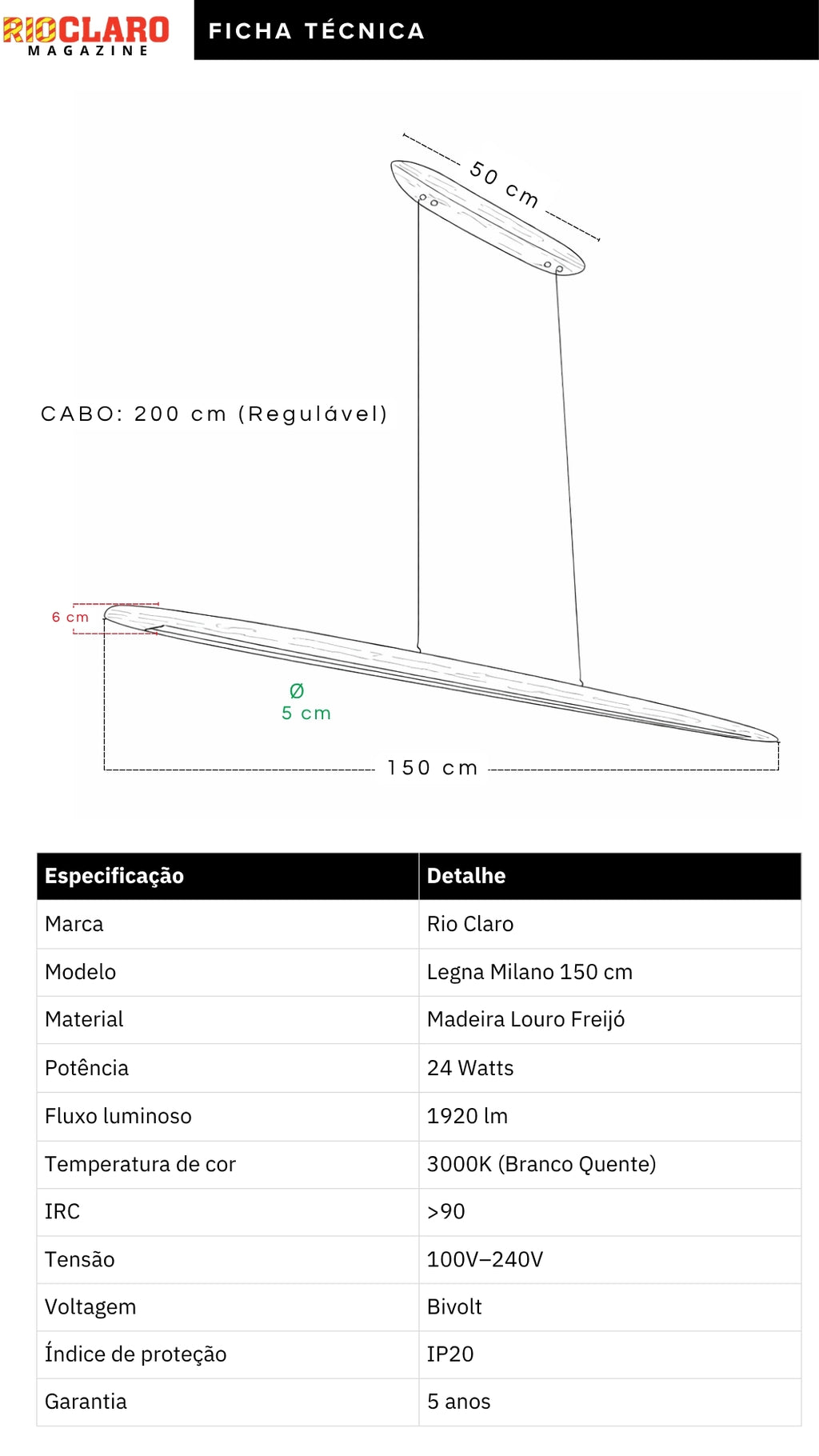 Lustre Pendente Linear Madeira Led 3000k Louro Freijó 24W