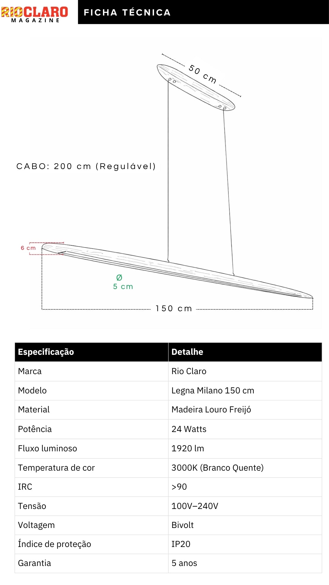 Lustre Pendente Linear Madeira Led 3000k Louro Freijó 24W