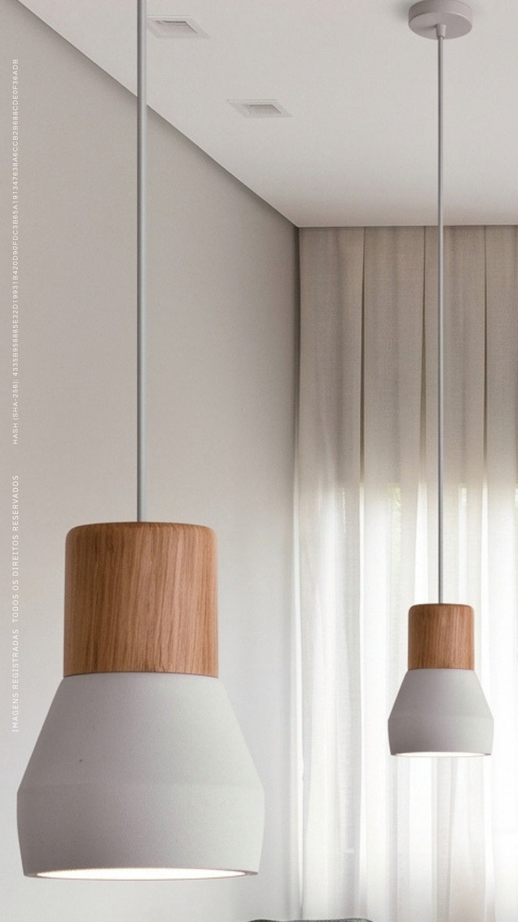 Luminária Pendente Design Industrial Madeira Concreto Off White E27