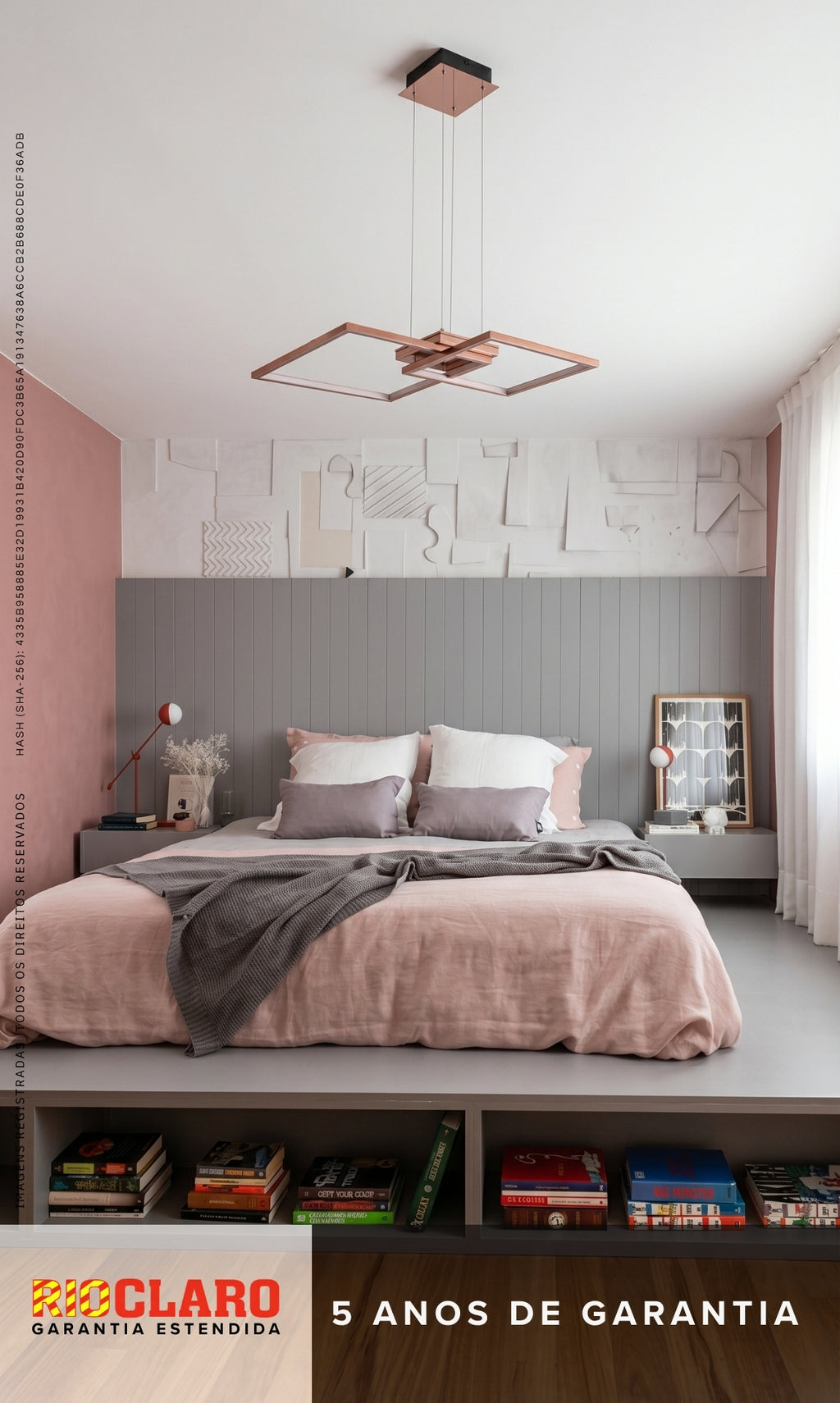 Pendente LED Quadrado Moderno Rose Gold Sala Quarto Bivolt