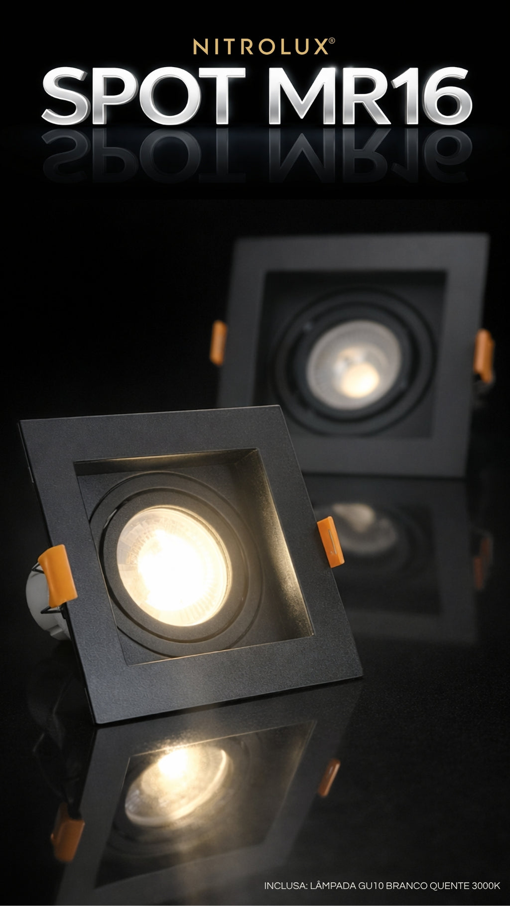 Kit 10 Spot Embutir Recuado MR16 GU10 Completo C/ Lâmpada LED 6,5W 3000K Preto Slim Teto Gesso Direcionável